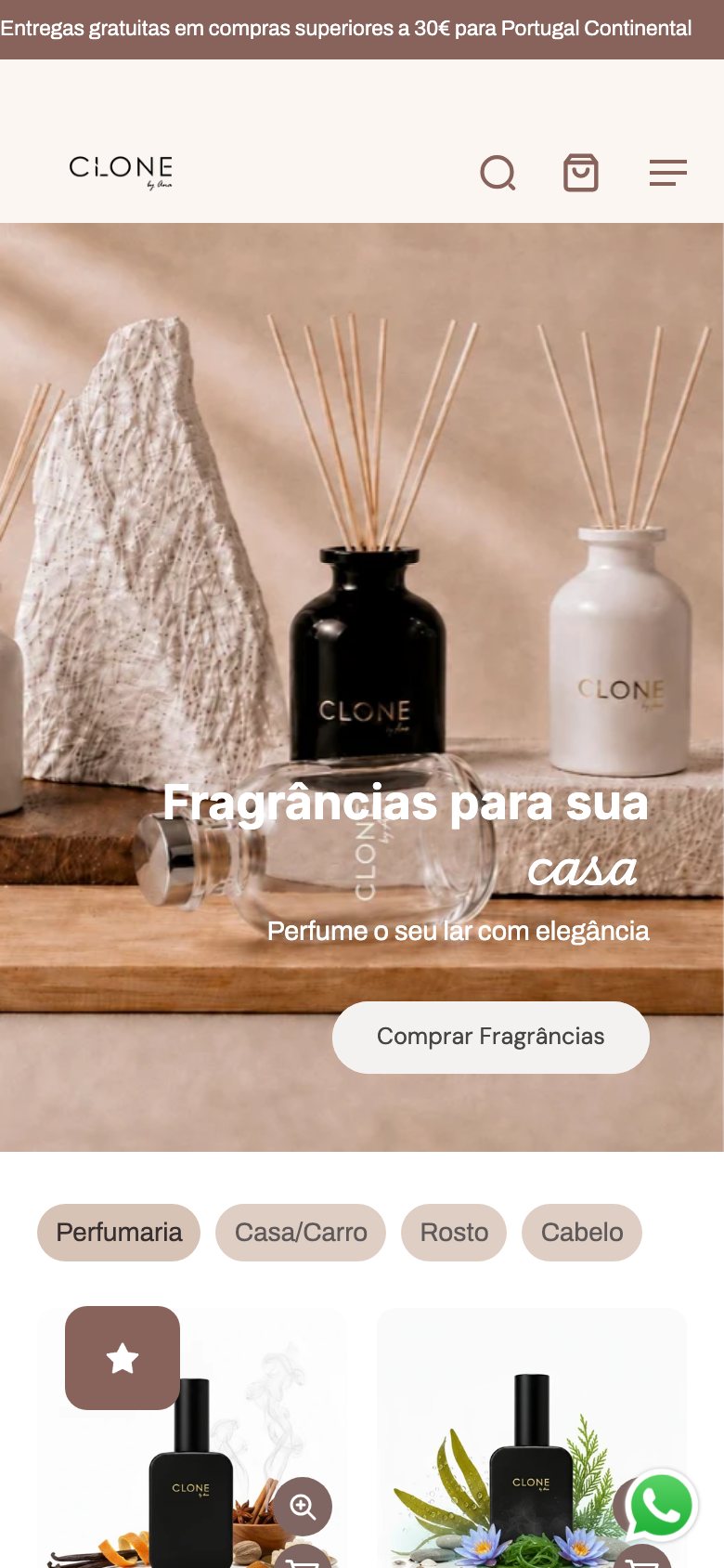 Página inicial no telemóvel
