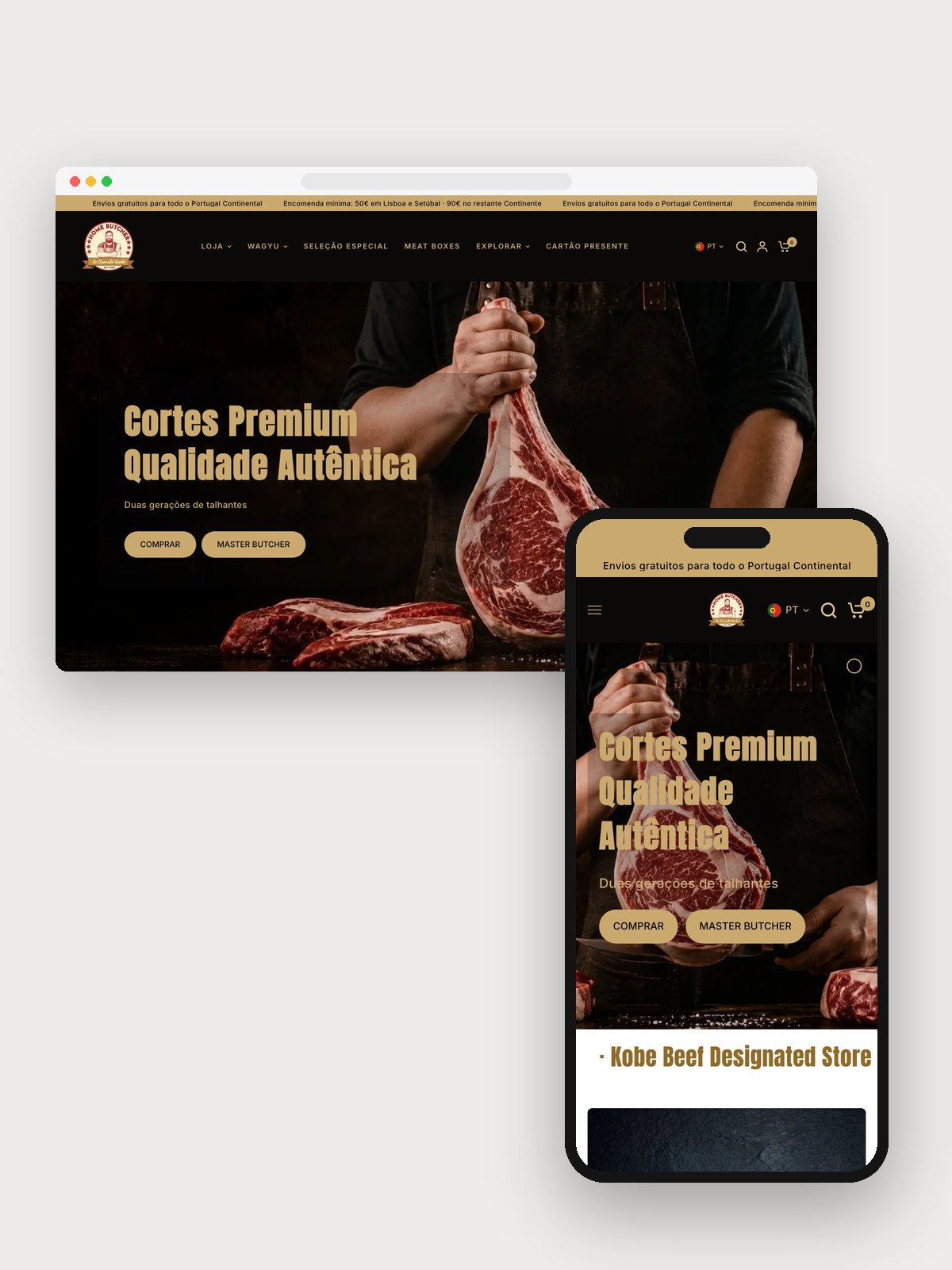 Loja Shopify da Home Butcher no computador e no telemóvel